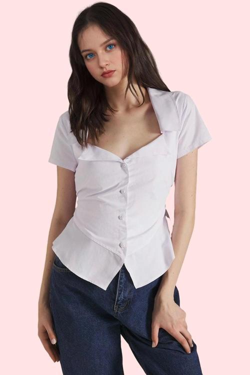 Kadın Düz Desen Fitted Gömlek Kısa Kollu Pamuk Terrycotton İş Ve Günlük Yaz Aylarının Vazgeçilmezi