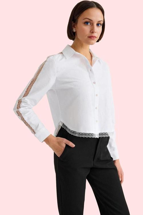 Kadın Uzun Kollu Crop Gömlek Dokuma Kumaş Günlük Şıklığı Hafta Sonu Yaz Aylarının Vazgeçilmezi