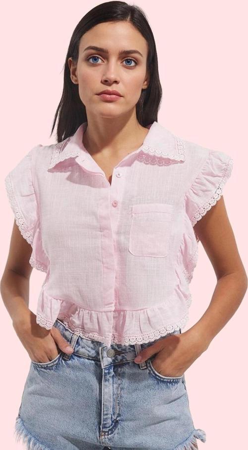 Kadın Pamuk Düz Desenli Kolsuz Crop Bluz Gömlek Yaka Flamlı Yazlık İş Gömleği Günlük Kullanım