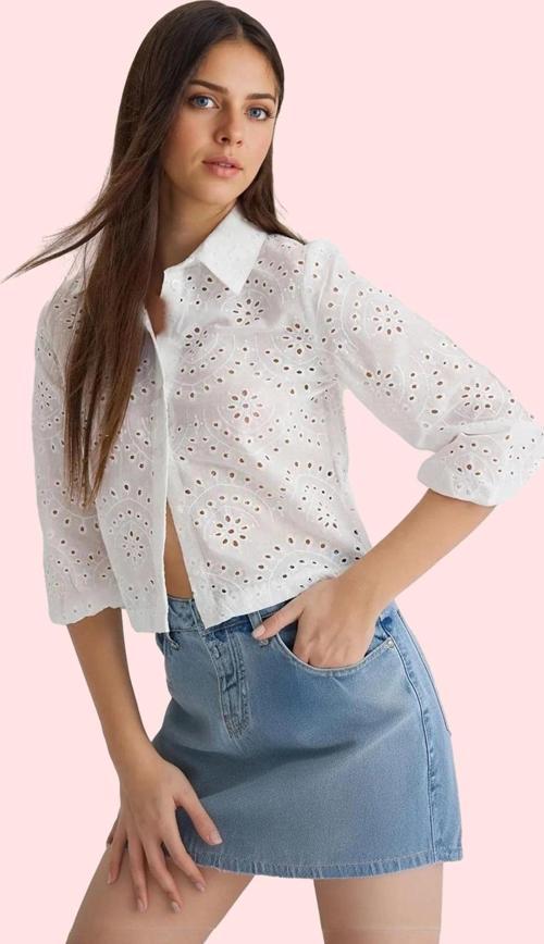 Kadın Pamuk Brode Nakışlı Basic Gömlek Rahat Günlük Stil Hafta Sonu Yaz Aylarının Vazgeçilmezi