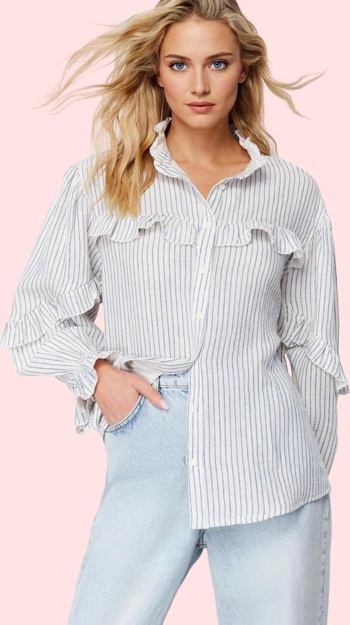 Kadın Pamuklu Çizgili Fırfır Detaylı Gömlek Rahat Kalıp Günlük Şıklık Yaz Aylarının Vazgeçilmezi