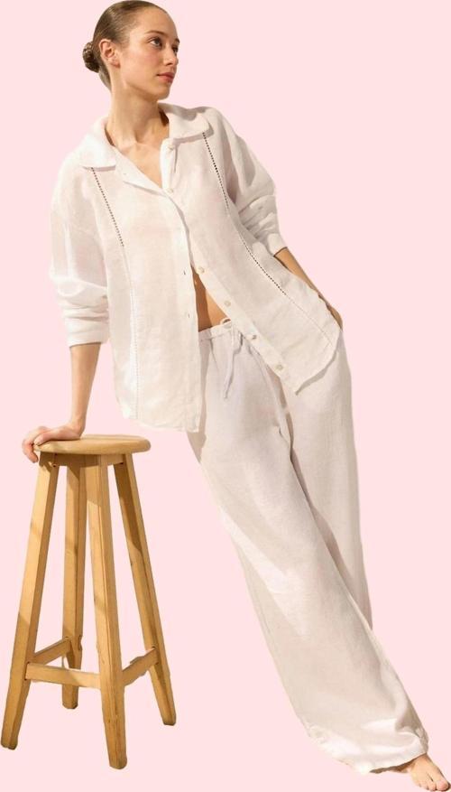 Kadın Yazlık Keten Gömlek Dik Yaka Rahat Günlük Kullanım Hafta Sonu Yaz Aylarının Vazgeçilmezi