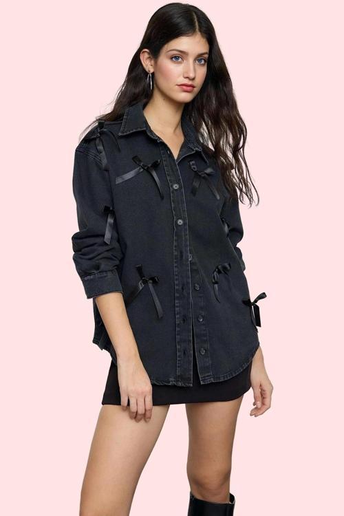 Kadın Pamuklu Denim Gömlek; Fiyonklu Oversize Günlük Kullanım İçin Yaz Aylarının Vazgeçilmezi