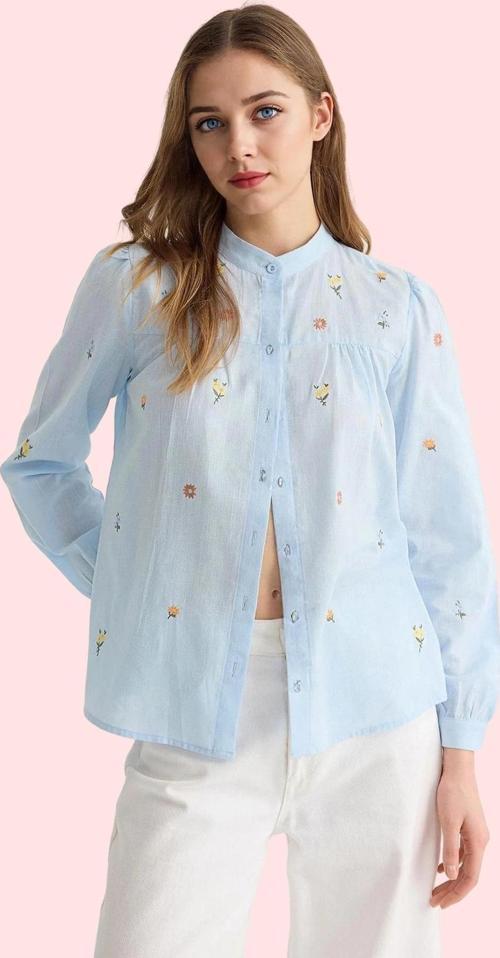 Kadın Pamuklu Flamlı Dokuma Gömlek Dik Yaka Günlük Casual Stil Hafta Sonu Kaliteli Malzeme