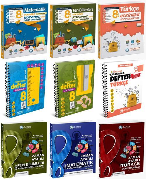 Çanta 2025 8. Sınıf Matematik + Türkçe + Fen + Zaman Ayarlı + Etkinlikli Soru + Defter Seti 9 Kitap