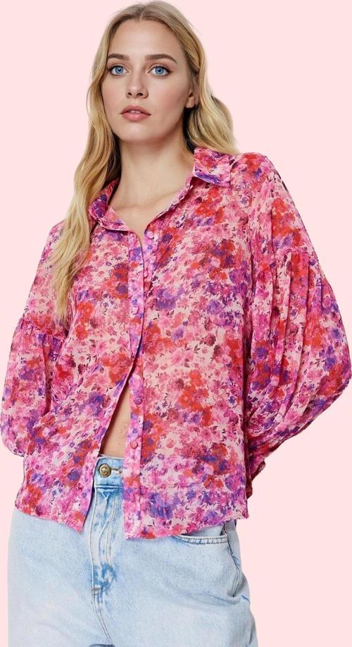Kadın Şifon Gömlek Çiçek Desenli Balon Kol Günlük Ve İş Hayatı Hafta Sonu Kaliteli Malzeme