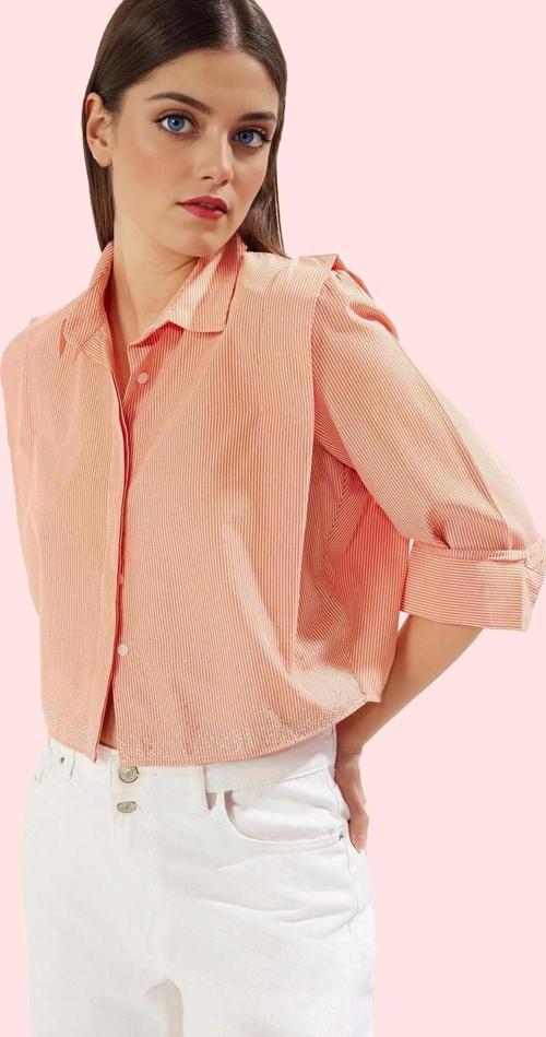 Kadın Terrycotton Dokuma Crop Gömlek Yaka Düz Desen Günlük ve Şık Kombinler İçin Hafta Sonu