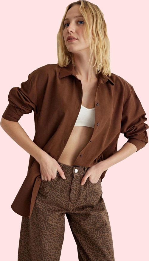 Kadın Dokuma Gömlek Uzun Kollu Yaka Regular Basic Oversize Günlük Yaz Aylarının Vazgeçilmezi