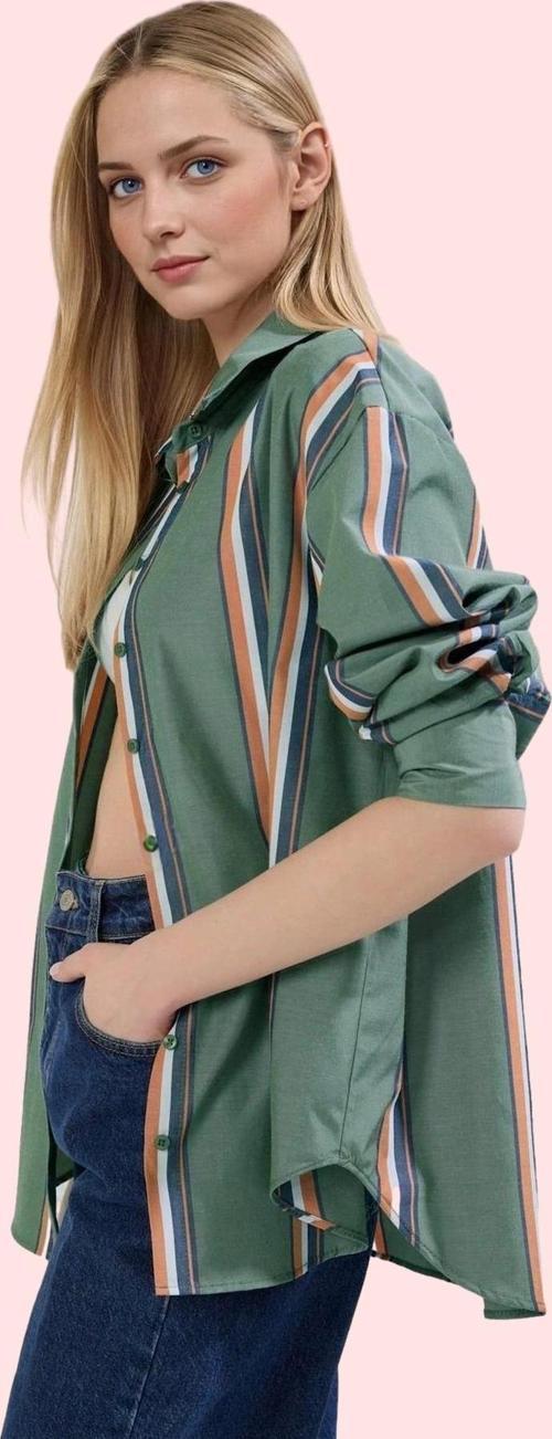 Kadın Çizgili Basic Gömlek Uzun Kol Pamuk Günlük ve İş Hayatına Uygun Yaz Aylarının Vazgeçilmezi