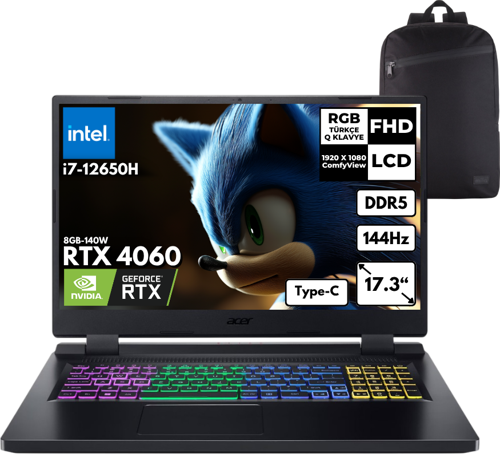 Nitro 5 AN517-55-79B5 i7-12650H 16-GBDDR5 1 TBSSD RTX4060 (8GB-140W) 17.3" FHD Windows 11 Home + HMF Sırt Çantası NH.QLFEY.004HMF31