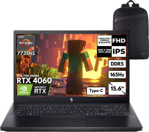 Nitro V15 ANV15-41 Ryzen 7-7735HS 16-GBDDR5 512 GBSSD RTX4060 15.6" Windows 11 Pro + HMF Sırt Çantası NH.QSFEY.001HMF36