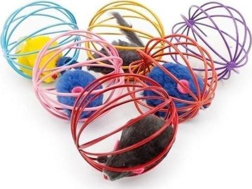Renkli Metal Kafesli Peluş Fareli Kedi Köpek Oyuncağı Oyun Topu 6 cm
