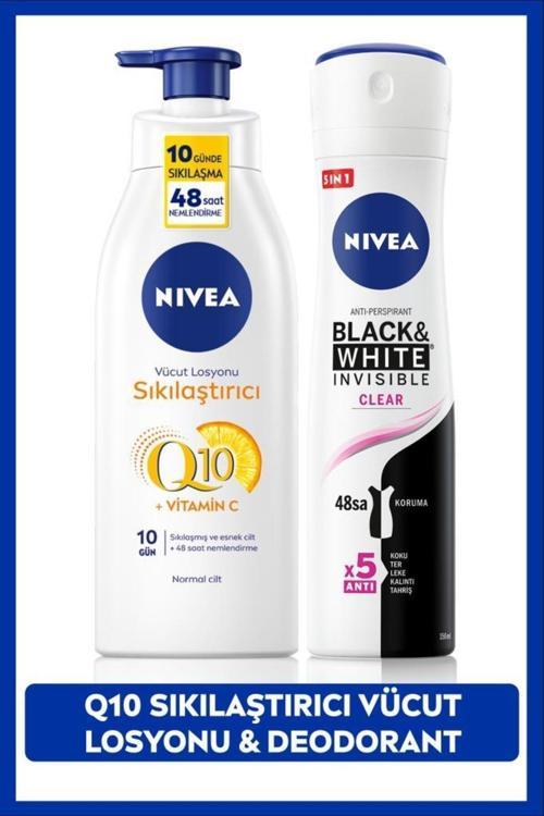 Kadın Sprey Deodorant Black&White Clear 150Ml, Q10 Sıkılaştırıcı Ve Nemlendirici Vücut Losyonu 400Ml