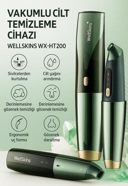 WellSkins WX-HT200 Vakumlu Cilt Temizleme Cihazı – 64 kPa Güçlü Emme, 3 Mod, 4 Başlık