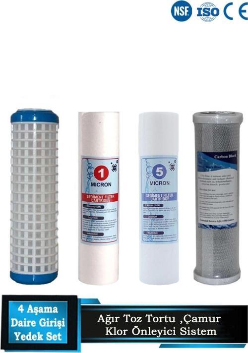 Daire Bina Sayaç Girişi 10" Inch 4 Aşama ( Yıkanabilir,1 Mikron,5 Mikron,Blok ) Yedek Filtre Seti