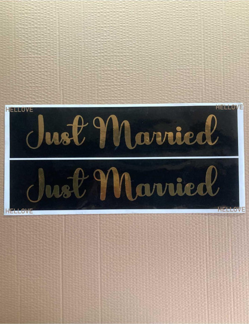 Gelin Arabası Plakalık Just Married Yazılı Siyah Üzeri Gold Yazı Kendinden Yapışkanlı