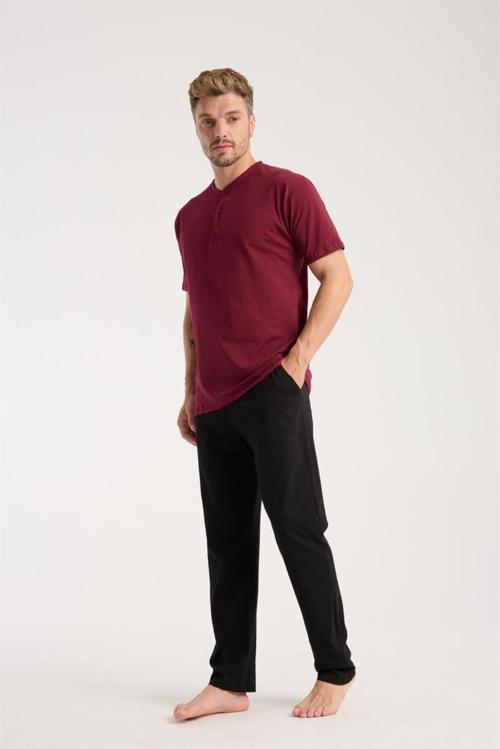 Erkek Bordo Düğmeli Yaka Kısa Kol Pijama Takımı