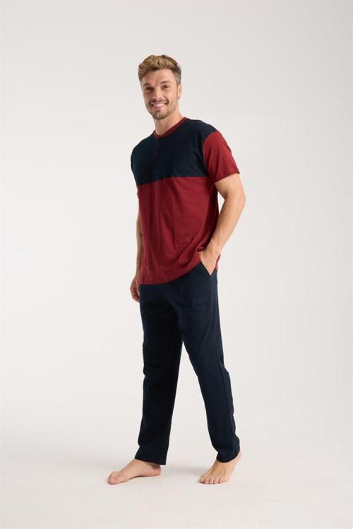 Erkek Bordo Düğmeli Yaka Kısa Kol Pijama Takımı