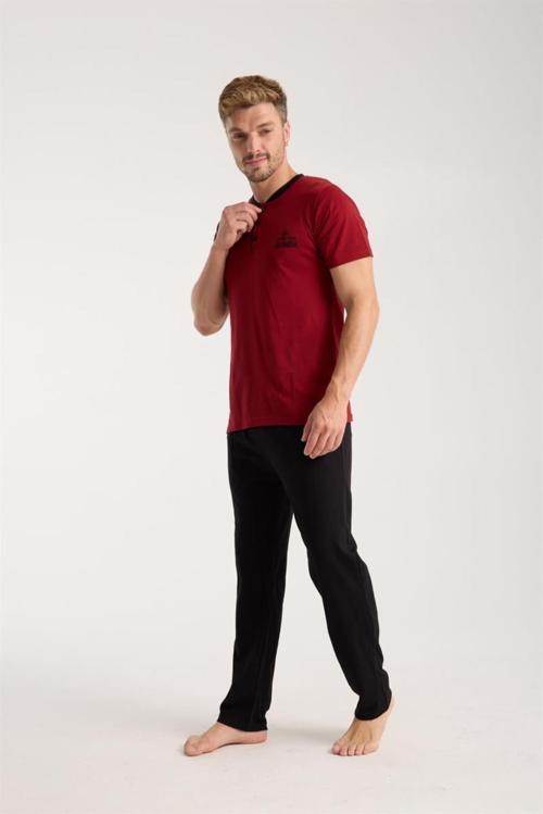 Erkek Bordo Düğmeli Yaka Kısa Kol Pijama Takımı