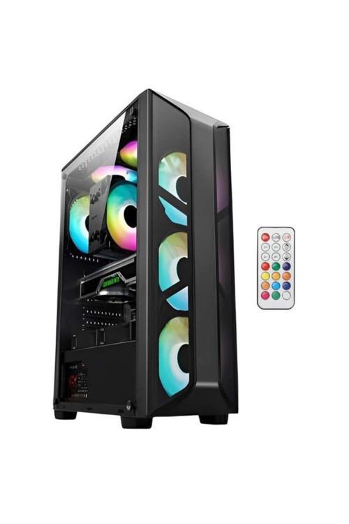 AZT101-B TEMPERLI CAM SIYAH U.KUMANDALI+5xRGB FAN+SWITCH AKVARYUM GAMING KASA