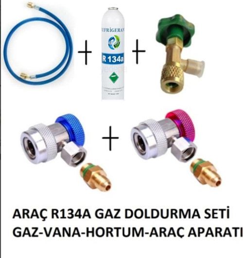 R 134A Gazlara Uyumlu Araç Gaz Doldurma Seti (Gaz+Vana+Hortum+Aparat)