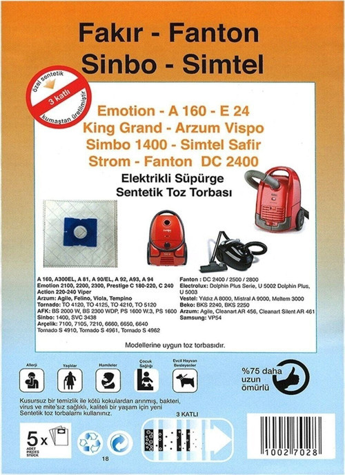 30 Ad Fantom Sinbo Stilevs Elektirikli Süpürge Bez Kumaş Toz Torbası (%100 Ithal A++ Kalite)