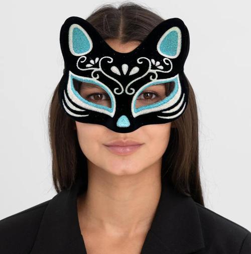 Siyah Süet Gümüş Mavi Simli Kedi Maskesi