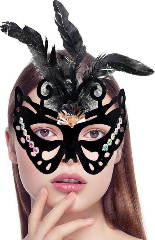 Siyah Süet Tüylü Kelebek Figür Parti Maskesi