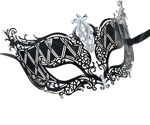 Kristal Gümüş Taşlı Siyah Lazer Kesim Metal Lüks Maske