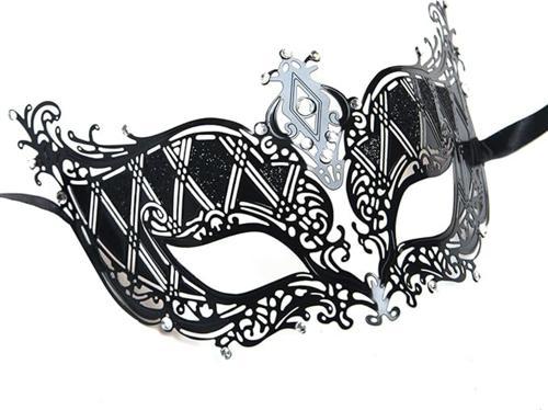 Kristal Gümüş Taşlı Siyah Lazer Kesim Metal Lüks Maske