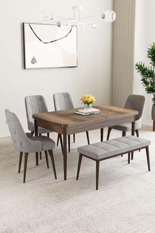 Clara Barok Desen 80x132 Açılabilir Mdf Masa Yemek Odası Takımı,Mutfak Takımı 4 Sandalye 1 Bench