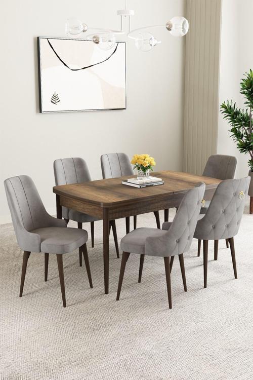 Mabel Barok Desen 80x132 Açılabilir Mdf Masa Yemek Odası Takımı, Mutfak Takımı 6 Adet Sandalye