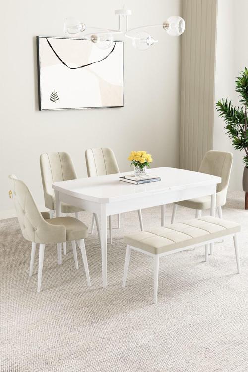 Mabel Beyaz 80x132 Açılabilir Mdf Masa Yemek Odası Takımı, Mutfak Takımı  4 Sandalye 1 Bench