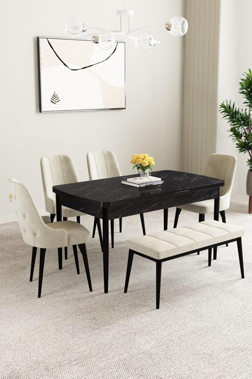 Mabel Siyah Mermer Desen 80x132 Açılabilir Mdf Masa Yemek Odası Takımı, Mutfak Takımı 4 Sandalye, 1 