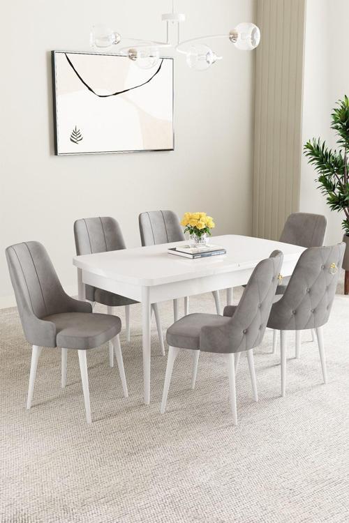 Clara Beyaz 80x132 Açılabilir Mdf Masa Yemek Odası Takımı,Mutfak Takımı 6 Adet Sandalye
