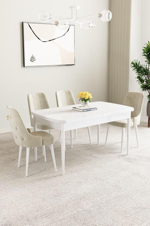 Mabel Beyaz 80x132 Açılabilir Mdf Masa Yemek Odası Takımı, Mutfak Takımı 4 Adet Sandalye