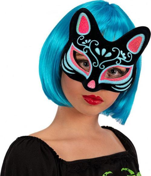 Siyah Süet Mavi Kırmızı Simli Kedi Maskesi