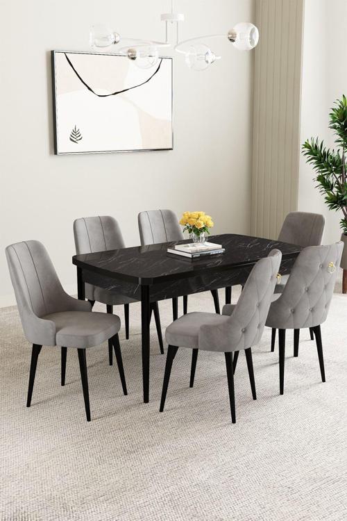Mabel Siyah Mermer Desen 80x132 Açılabilir Mdf Masa Yemek Odası Takımı, Mutfak Takımı 6 Adet Sandaly