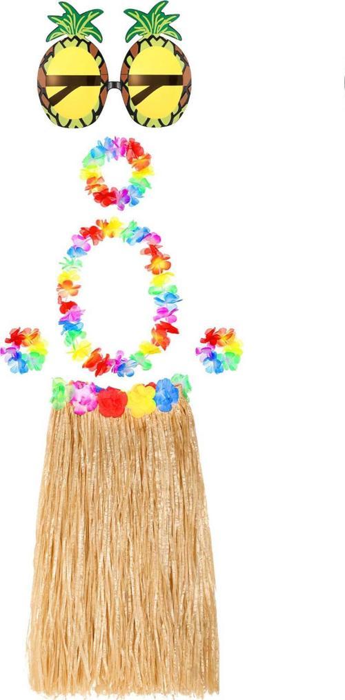 Hawaii Parti Kostüm Seti - 60 cm Hasır Etek, Çiçekli Aksesuarlar ve Ananas Gözlük