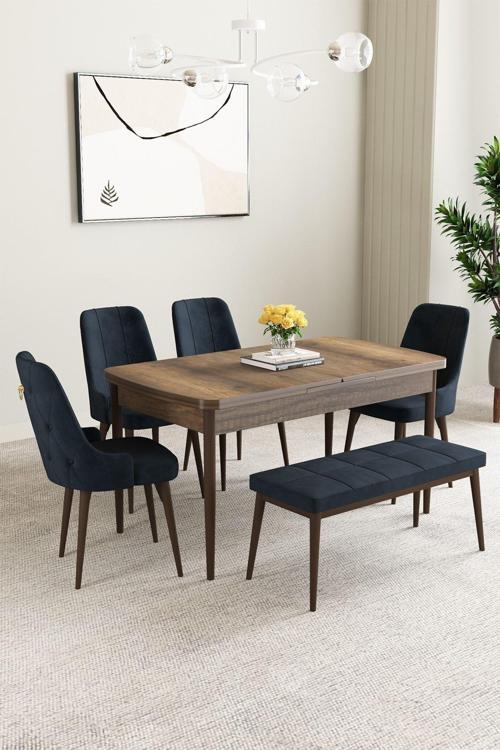 Mabel Barok Desen 80x132 Açılabilir Mdf Masa Yemek Odası Takımı, Mutfak Takımı 4 Sandalye, 1 Bench