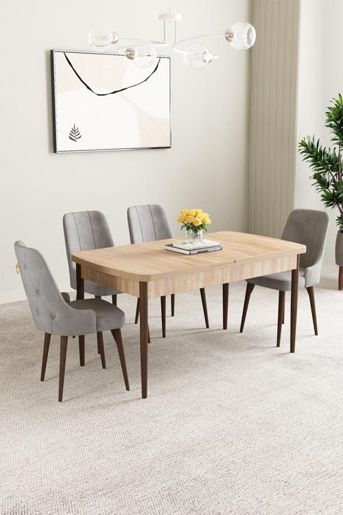 Mabel Meşe Desen 80x132 Açılabilir Mdf Masa Yemek Odası Takımı, Mutfak Takımı 4 Adet Sandalye