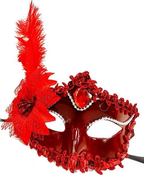 Kırmızı Güllü ve Tüylü Venedik Maskesi
