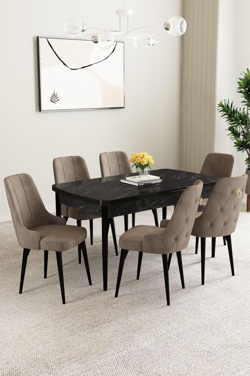 Mabel Siyah Mermer Desen 80x132 Açılabilir Mdf Masa Yemek Odası Takımı, Mutfak Takımı 6 Adet Sandaly