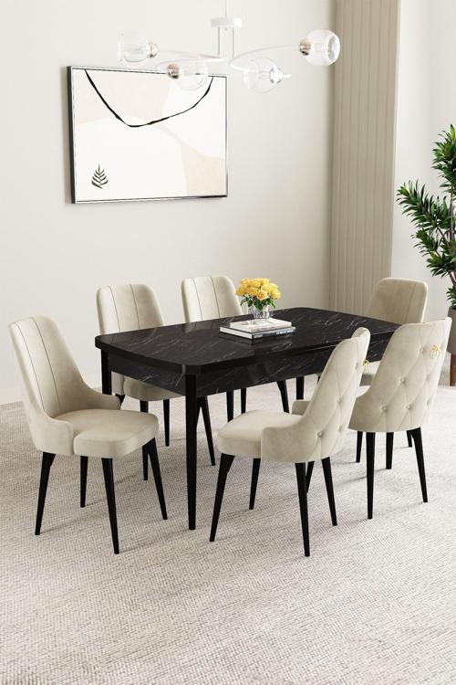Mabel Siyah Mermer Desen 80x132 Açılabilir Mdf Masa Yemek Odası Takımı, Mutfak Takımı 6 Adet Sandaly