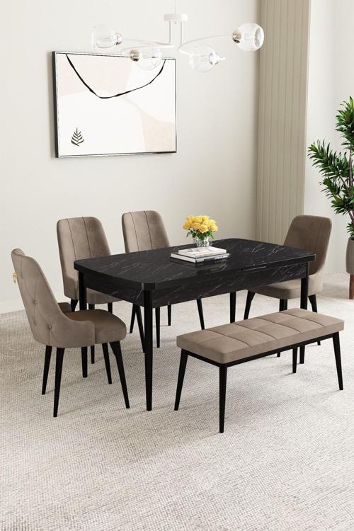 Mabel Siyah Mermer Desen 80x132 Açılabilir Mdf Masa Yemek Odası Takımı, Mutfak Takımı 4 Sandalye, 1 