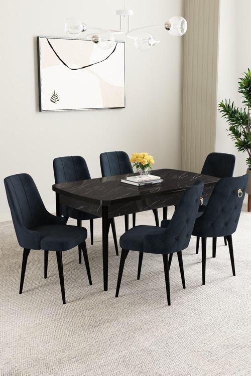 Clara Siyah Mermer Desen 80x132 Açılabilir Mdf Masa Yemek Odası Takımı,Mutfak Takımı 6 Adet Sandalye