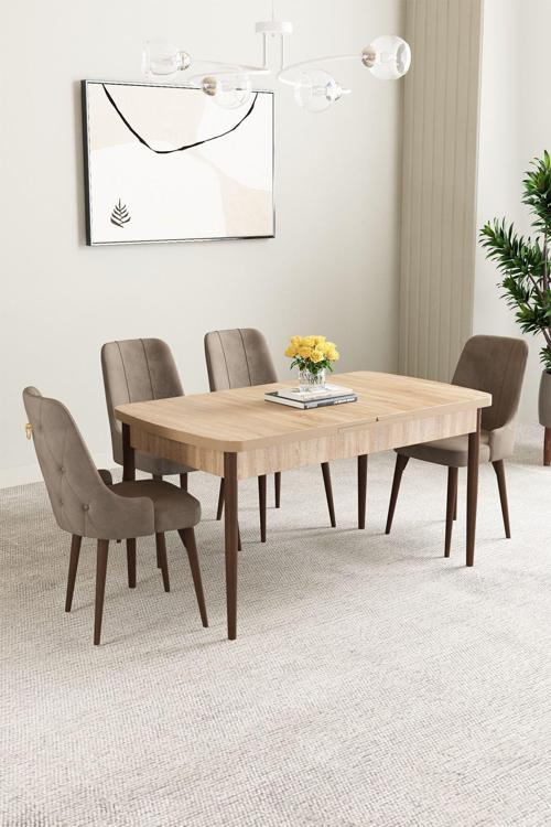 Mabel Meşe Desen 80x132 Açılabilir Mdf Masa Yemek Odası Takımı, Mutfak Takımı 4 Adet Sandalye