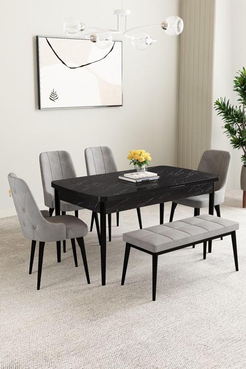 Mabel Siyah Mermer Desen 80x132 Açılabilir Mdf Masa Yemek Odası Takımı, Mutfak Takımı 4 Sandalye, 1 