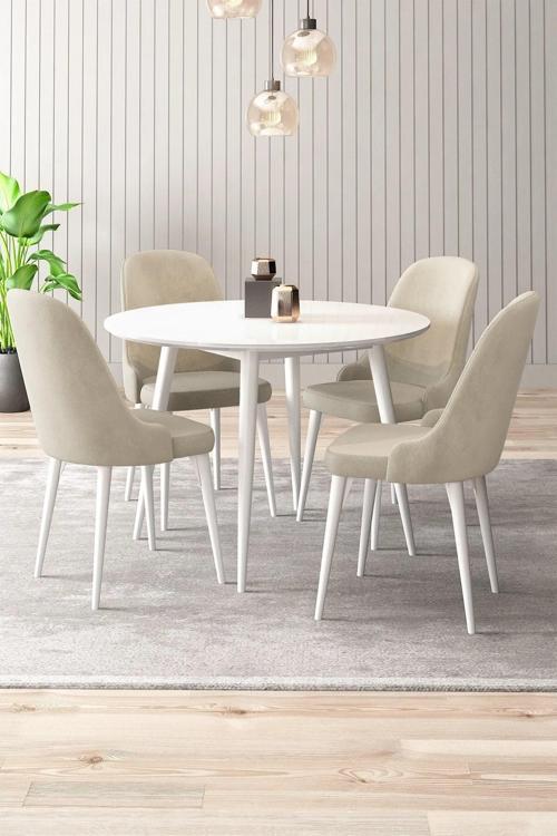 Adel Serisi Beyaz 90x90 Mdf Masa Mutfak Masa Takımı,  Yemek Odası Takımı 4 Adet Sandalye