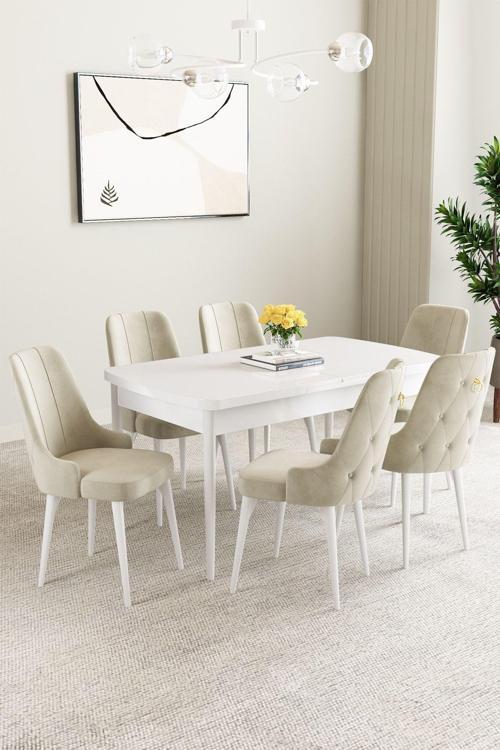 Clara Beyaz 80x132 Açılabilir Mdf Masa Yemek Odası Takımı,Mutfak Takımı 6 Adet Sandalye